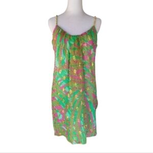 Milly New York Pink Green Silk Dress Gold Details Side Zip Size 4